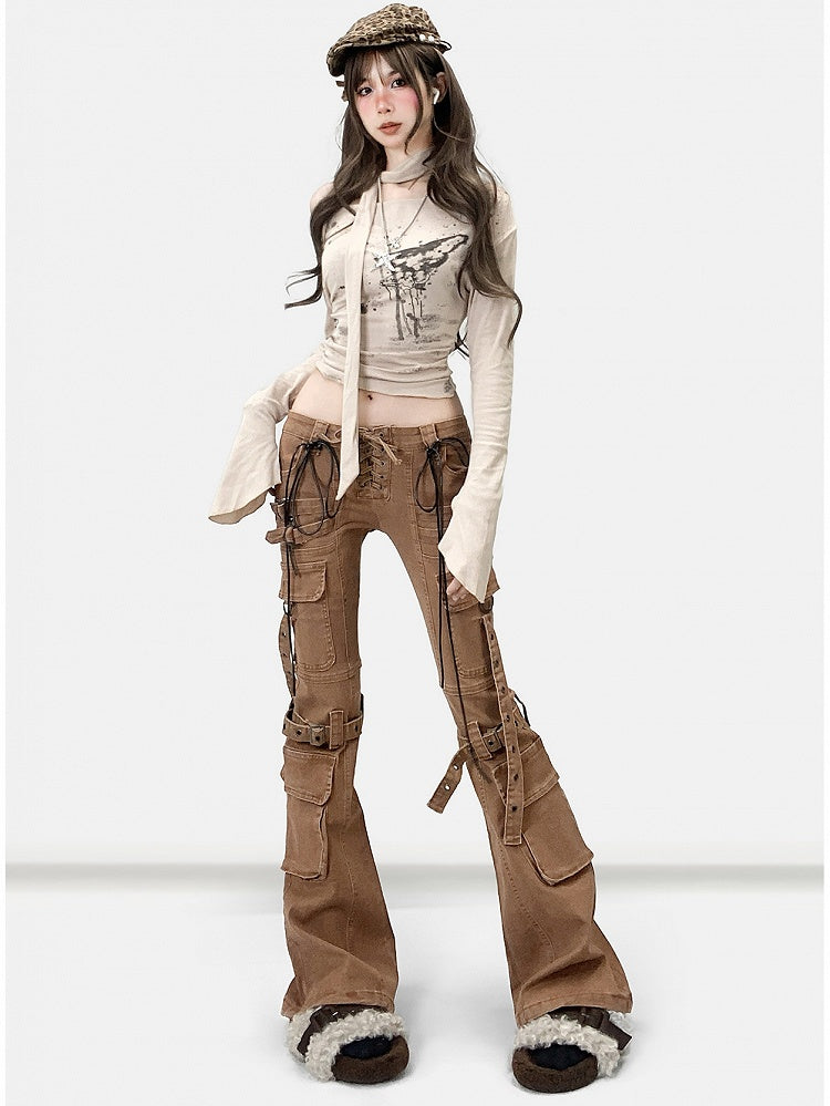 Coffee Brown Wasteland Punk Lace-up Detail Flare Silhouette Jeans