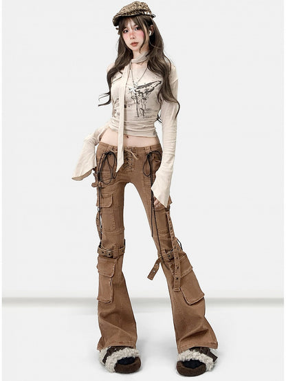 Coffee Brown Wasteland Punk Lace-up Detail Flare Silhouette Jeans