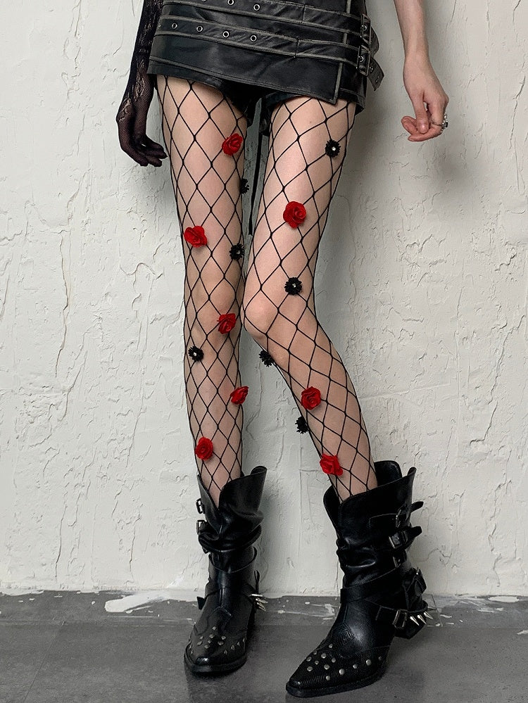 Black Y2K Floral Details Fishnet Tights