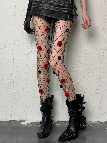 Black Y2K Floral Details Fishnet Tights
