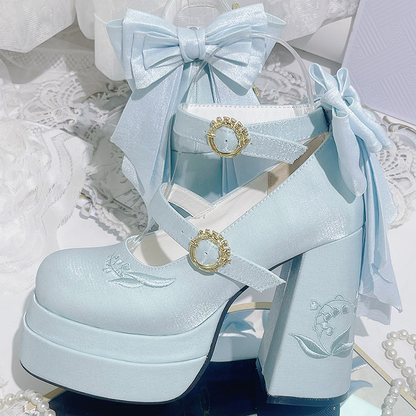 Light Blue Detachable Bowknot Lily of the Valley Embroidery High Block Heel Platform Mary Janes