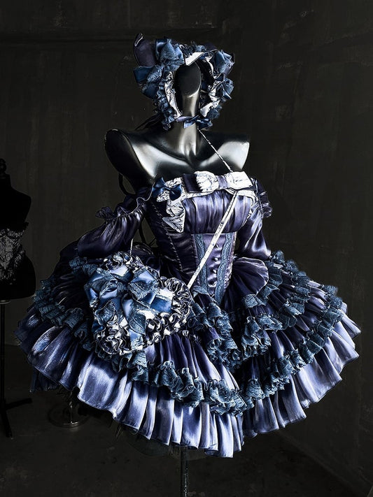 Dark Blue Basque Waist Tiered Sweet Lolita Balletcore Dress with Lace Accents