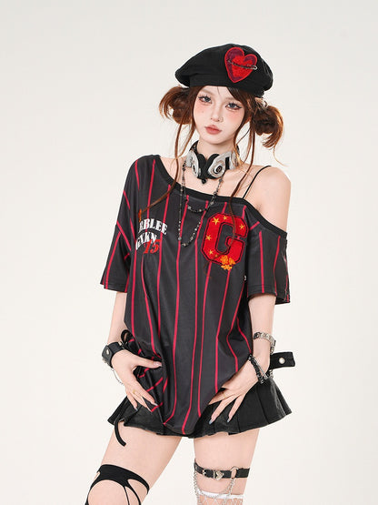 Asymmetrical Neckline Blokette Core White/Black Striped T-shirt