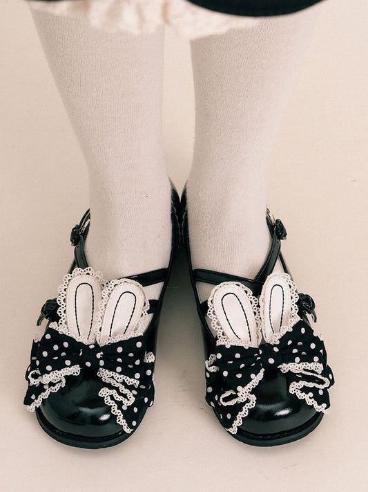 Black Crisscross Design Bunny Ear Polka-dot Pattern Bow at Top Lolita Shoes