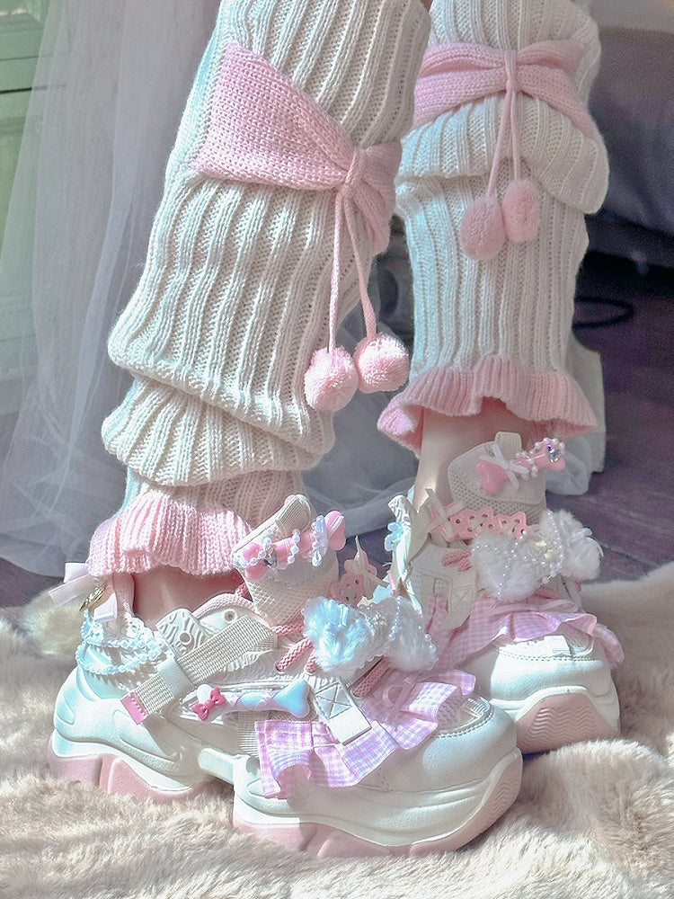 Beige & Pink Plaid Ruffle Trim Plush Bowknot Platform Sneakers
