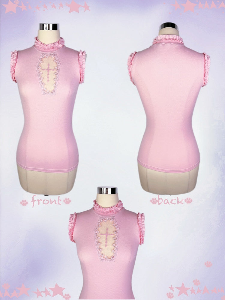 Light Pink Mock Neck Coffin-Shaped Cutout  Pastel Goth Sleeveless Top