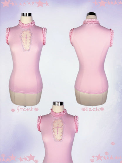 Light Pink Mock Neck Coffin-Shaped Cutout  Pastel Goth Sleeveless Top