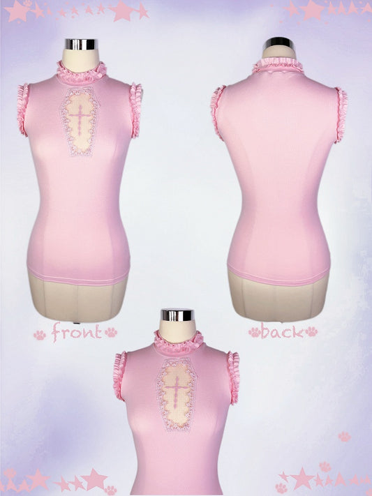 Light Pink Mock Neck Coffin-Shaped Cutout  Pastel Goth Sleeveless Top