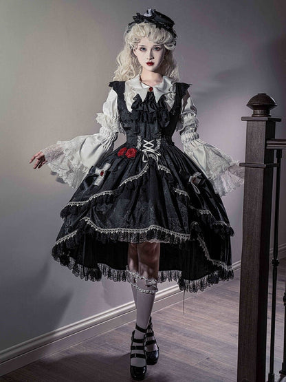 Black High-low Skirt Gothic Lolita Dress Bat Wing Shaped Shoulder Straps