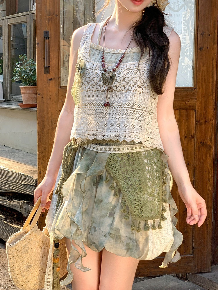 Mori Kei Green Elastic Waist Tie Dye Lace Patches Side Shorts