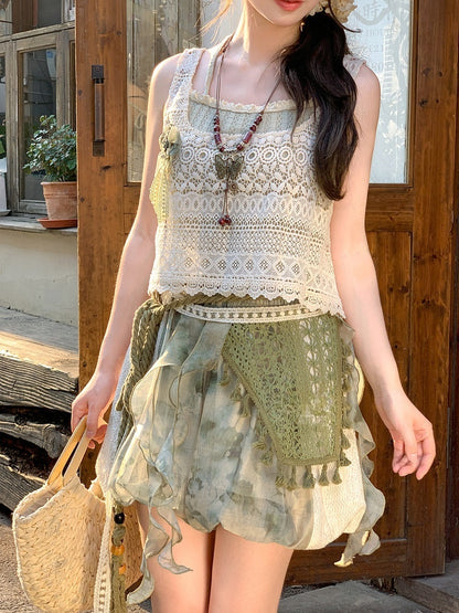 Mori Kei Green Elastic Waist Tie Dye Lace Patches Side Shorts