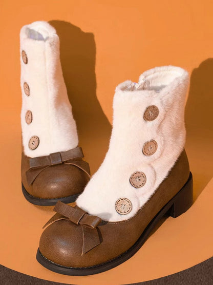 Brown & White Elegant Lolita 4cm/6cm Mid-heel Winter Boots - Plush Lining with Button Accents, Bow Details & Inner Zipper