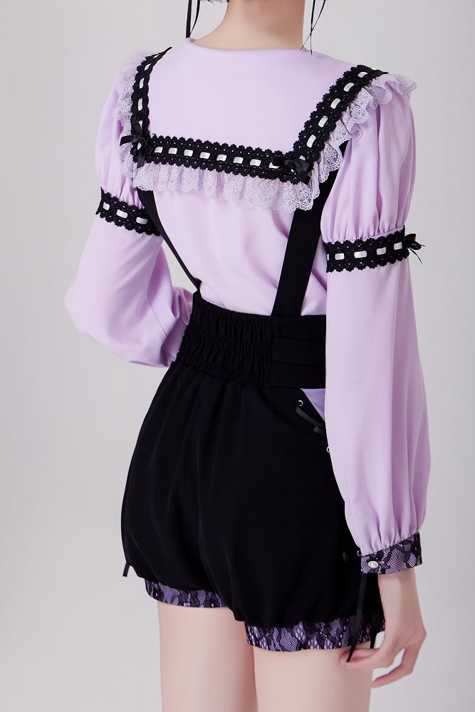 Purple Jirai Kei Lace Trimming Sailor Collar Long Sleeves Blouse