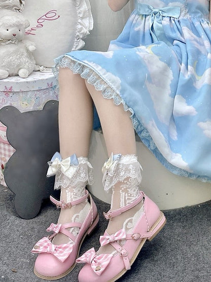 White Lolita Semi-sheer Calf Socks With Lace Cuffs And White/Gray/Pink Bowknot Details