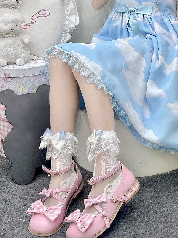 White Lolita Semi-sheer Calf Socks With Lace Cuffs And White/Gray/Pink Bowknot Details