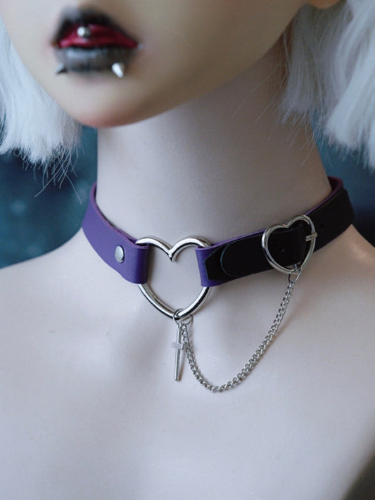 Purple Gothic Cross And Chain Pendant Heart Choker