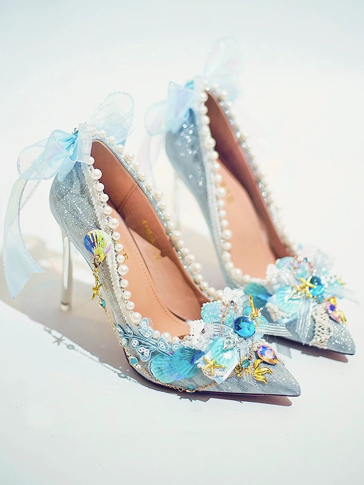 Silver Rhinestone And Beaded Decorated Conch Details Pointed Toe 7.5CM/10.5CM High Heels