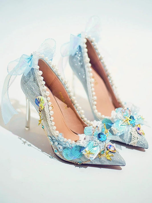 Silver Rhinestone And Beaded Decorated Conch Details Pointed Toe 7.5CM/10.5CM High Heels