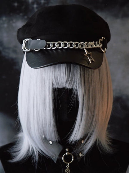 Black Gothic Star Charm Heart Buckle Design Beret Hat With Chain