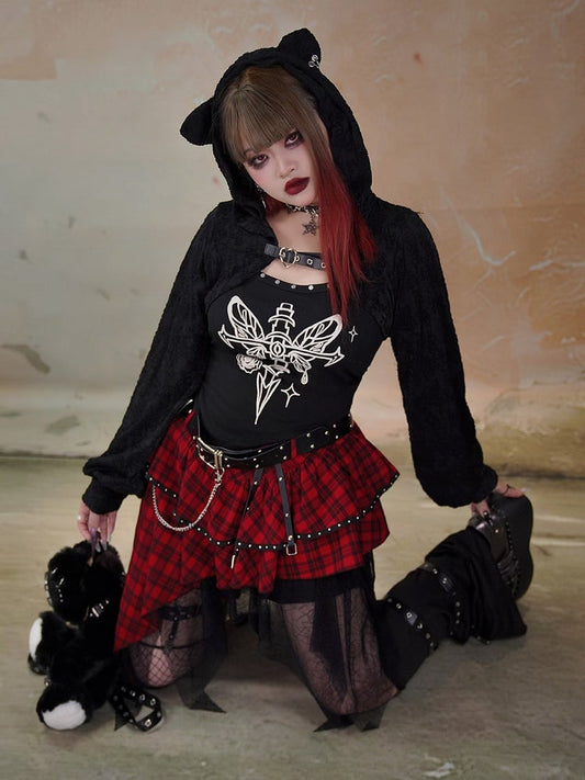 Plus Size Heart Buckle Black Punk Long Sleeves Hooded Top