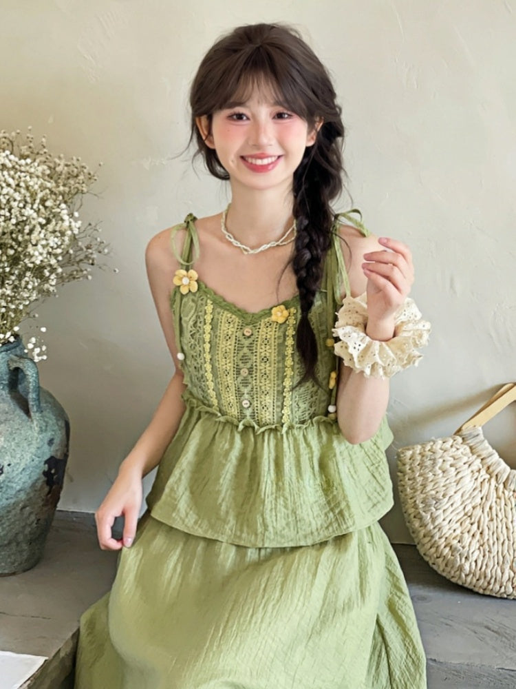 Mori Kei Green Knitted Floral Accents Cami Top