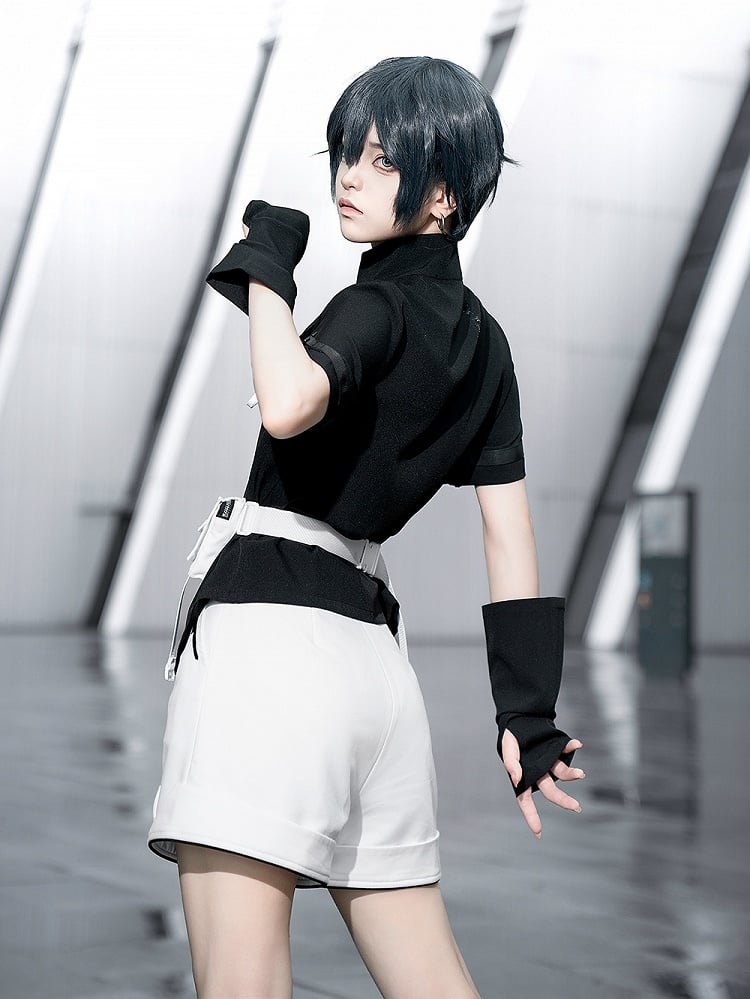 Black Ouji Fashion Futuristic Techwear High Neck Short Sleeves Top