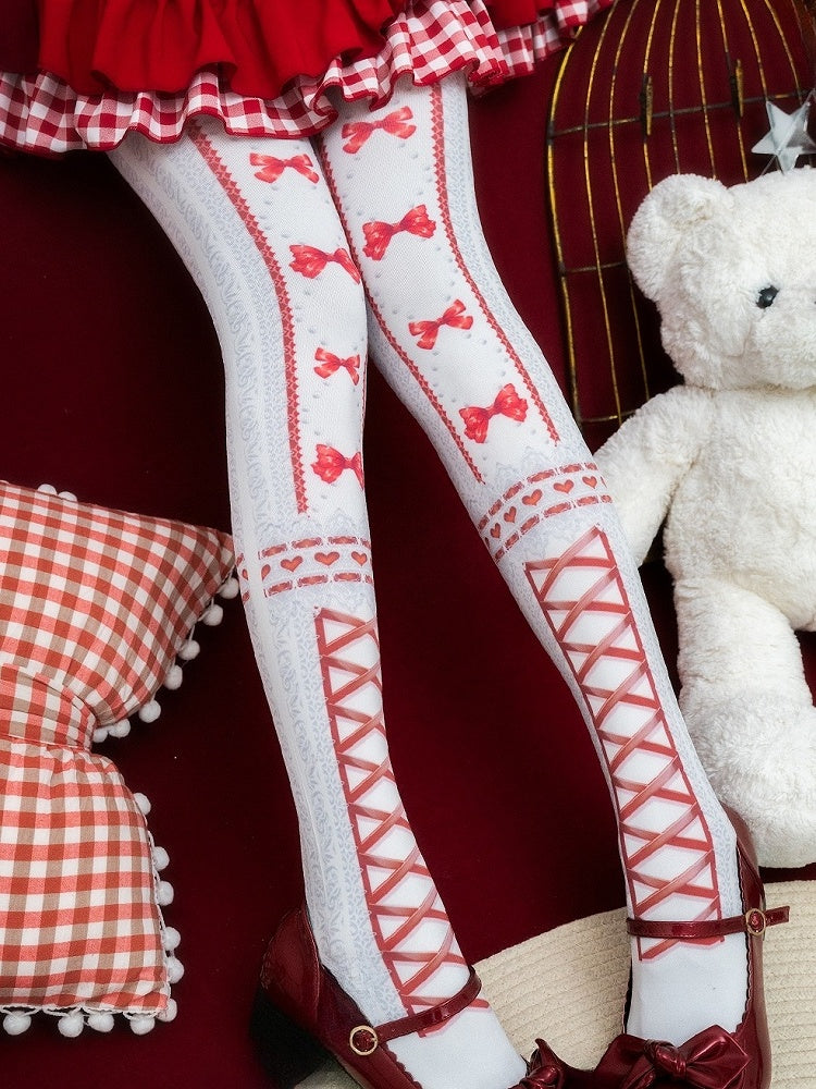 Red/Blue/Purple/Black Sweet Lolita Bowknot Heart Print Tights
