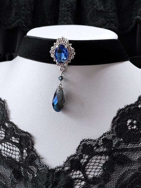 Vintage Blue Rhinestones Black Gothic Velvet Choker