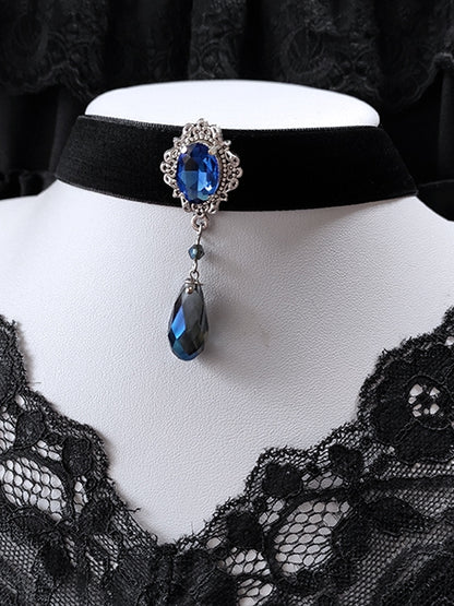 Vintage Blue Rhinestones Black Gothic Velvet Choker