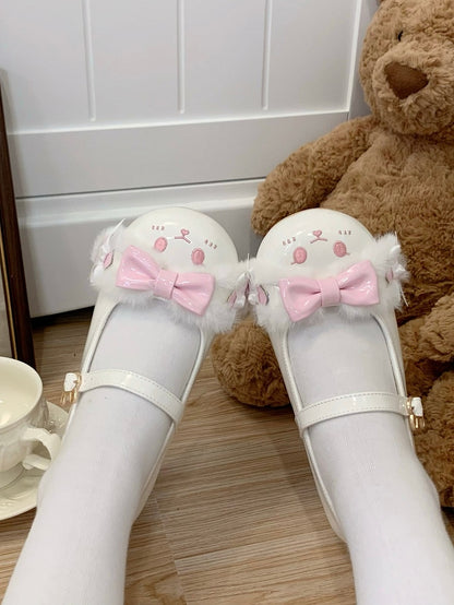 White&Pink Bowknot Details Plush Bunny Ear Sweet Lolita Round Toe Shoes With Bunny Buckle Strap