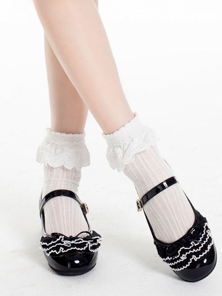 Black Beaded Round Buckle Bowknot Decorated Multiple Layers Lace Mary Janes