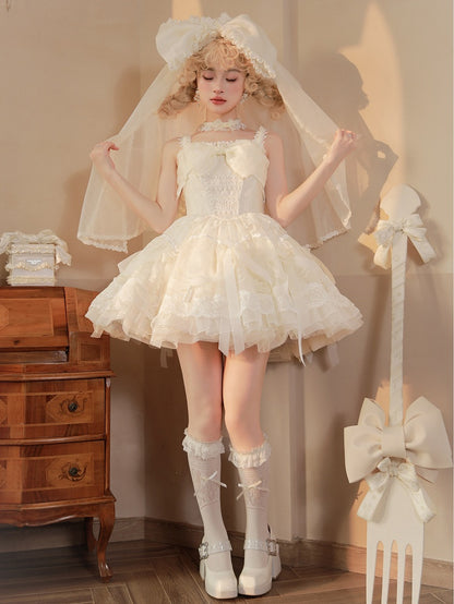Creamy White Princess Basque Waist Lolita Dress Beads and Ribbon Bows on Skirt