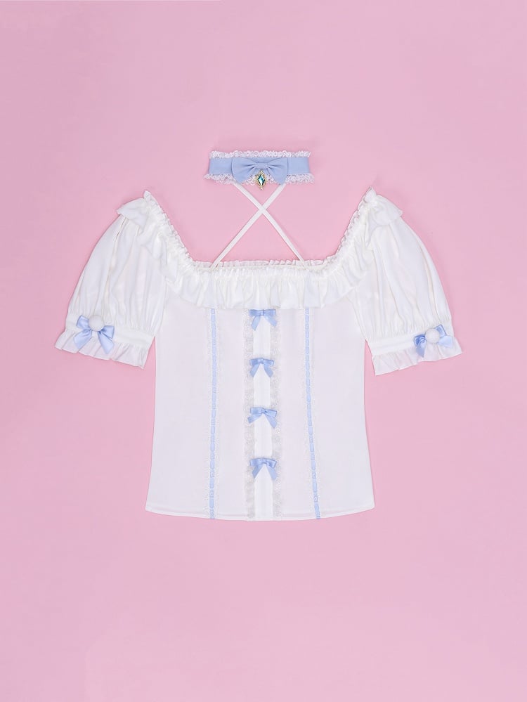 White Square Neckline with Blue Choker Halter Neck Jirai Kei Short Sleeves Blouse