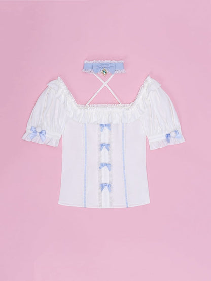 White Square Neckline with Blue Choker Halter Neck Jirai Kei Short Sleeves Blouse