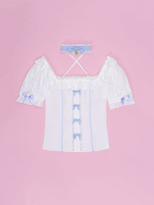 White Square Neckline with Blue Choker Halter Neck Jirai Kei Short Sleeves Blouse
