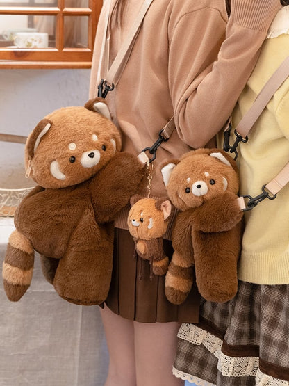 Brown Red Panda Plush Backpack/Crossbody Bag + Keychain