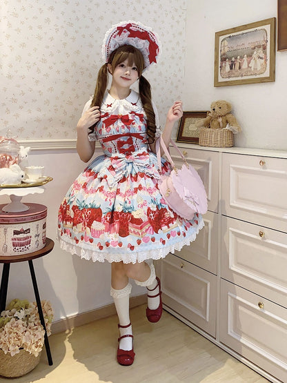 Strawberry and Dessert Print Blue Sweet Lolita Dress