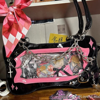Black & Dark Pink Bone Shape Ita Shoulder Bag with Cross Charm Chain