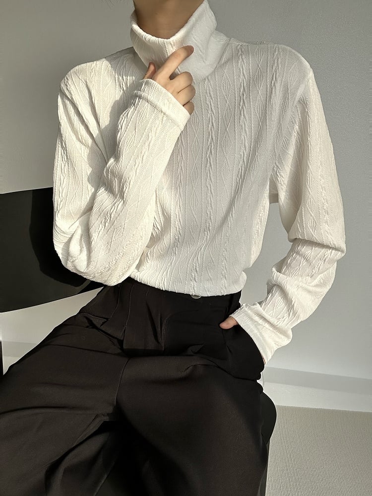 Ouji Lolita Beige Ribbed Long-Sleeve Cable Knit Top with Turtleneck