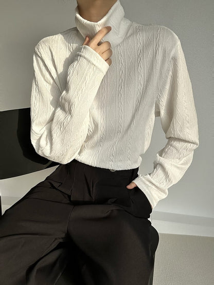 Ouji Lolita Beige Ribbed Long-Sleeve Cable Knit Top with Turtleneck