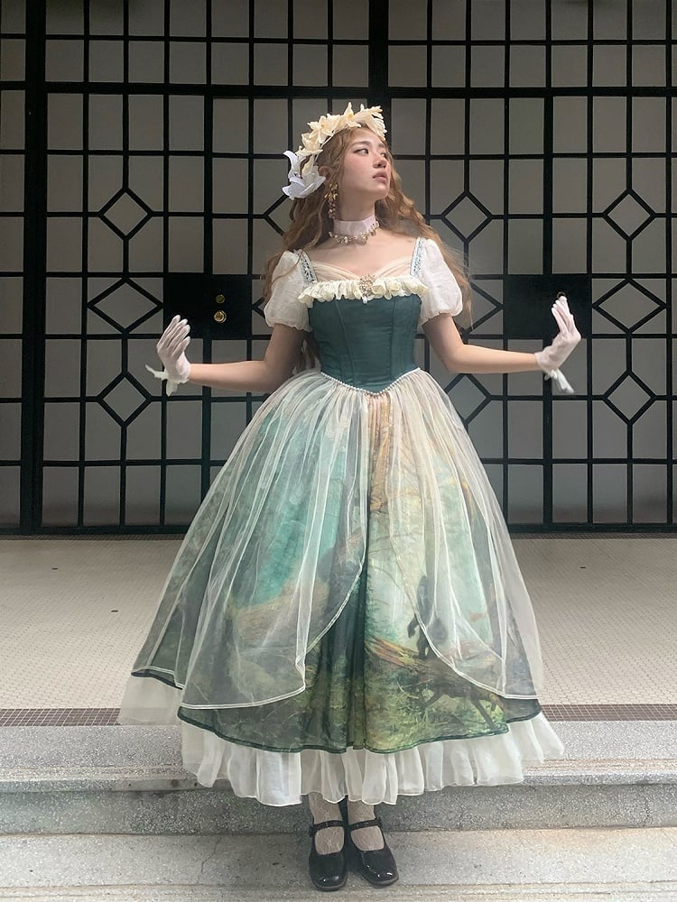 Dark Green & Apricot Basque Waist Forest Print Elegant Classic Lolita Dress with Overlay