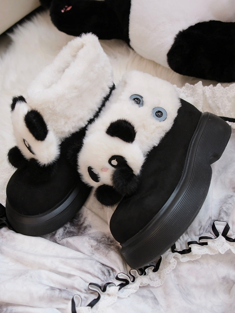Black Sweet Lolita Platform Snow Boots - Panda Design with Plush Cuff