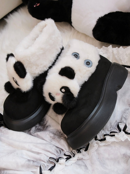 Black Sweet Lolita Platform Snow Boots - Panda Design with Plush Cuff