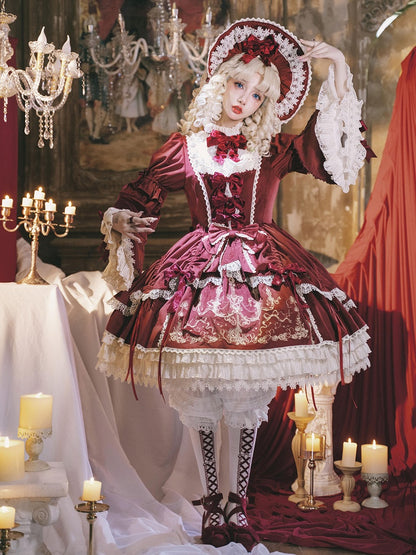 Candle and Candlestick Embroidery Red Bell Sleeves Velvet Dress Lolita OP / Set