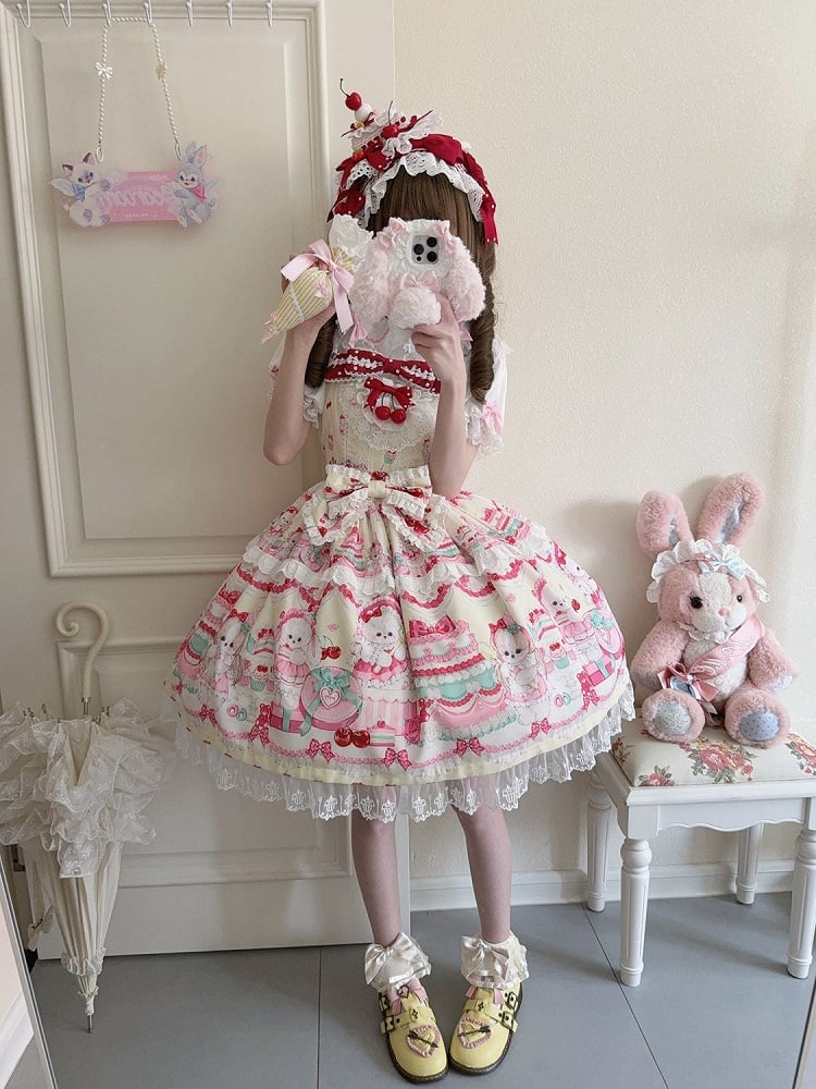 Cakes and Bunny Print Yellow Lolita Dress Sweet Jumper Skirt