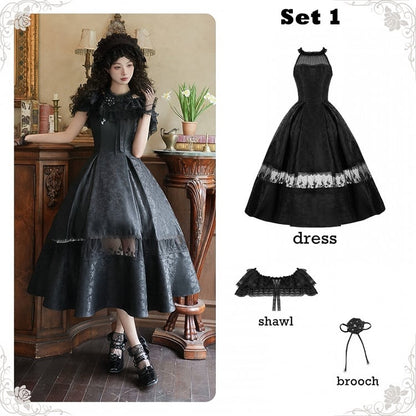 Black Illusion Halter Neck Rosette Jacquard Fabric Elegant Dress Full Set