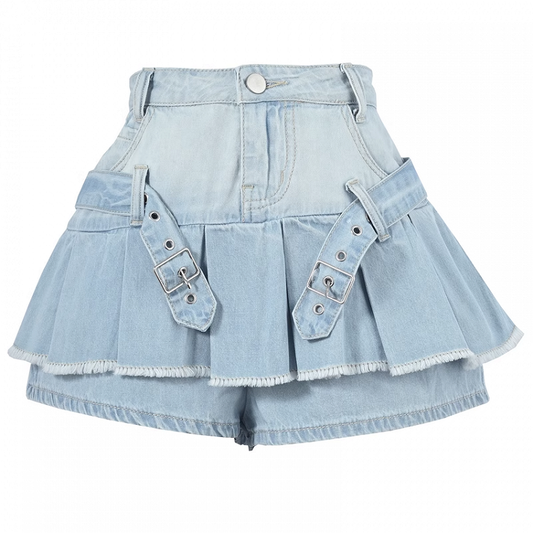 Punk Blue Buckle Straps Raw Hem Denim Glamorous Pleated Skirt