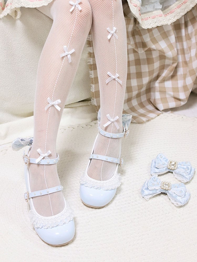 Polished Blue Detachable Rhinestone And Beaded Decorated Bowknot Lace Trim 4.5CM Block Heels Shoes