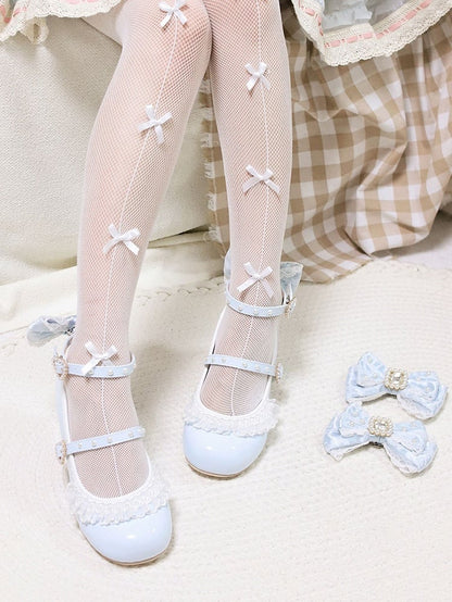 Polished Blue Detachable Rhinestone And Beaded Decorated Bowknot Lace Trim 4.5CM Block Heels Shoes