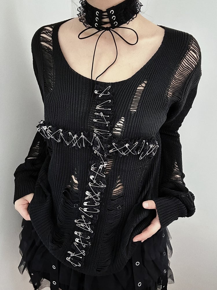 3 Colors Lace Cross Applique Hollowed-out Gothic Sweater + Lace-up Detail Choker